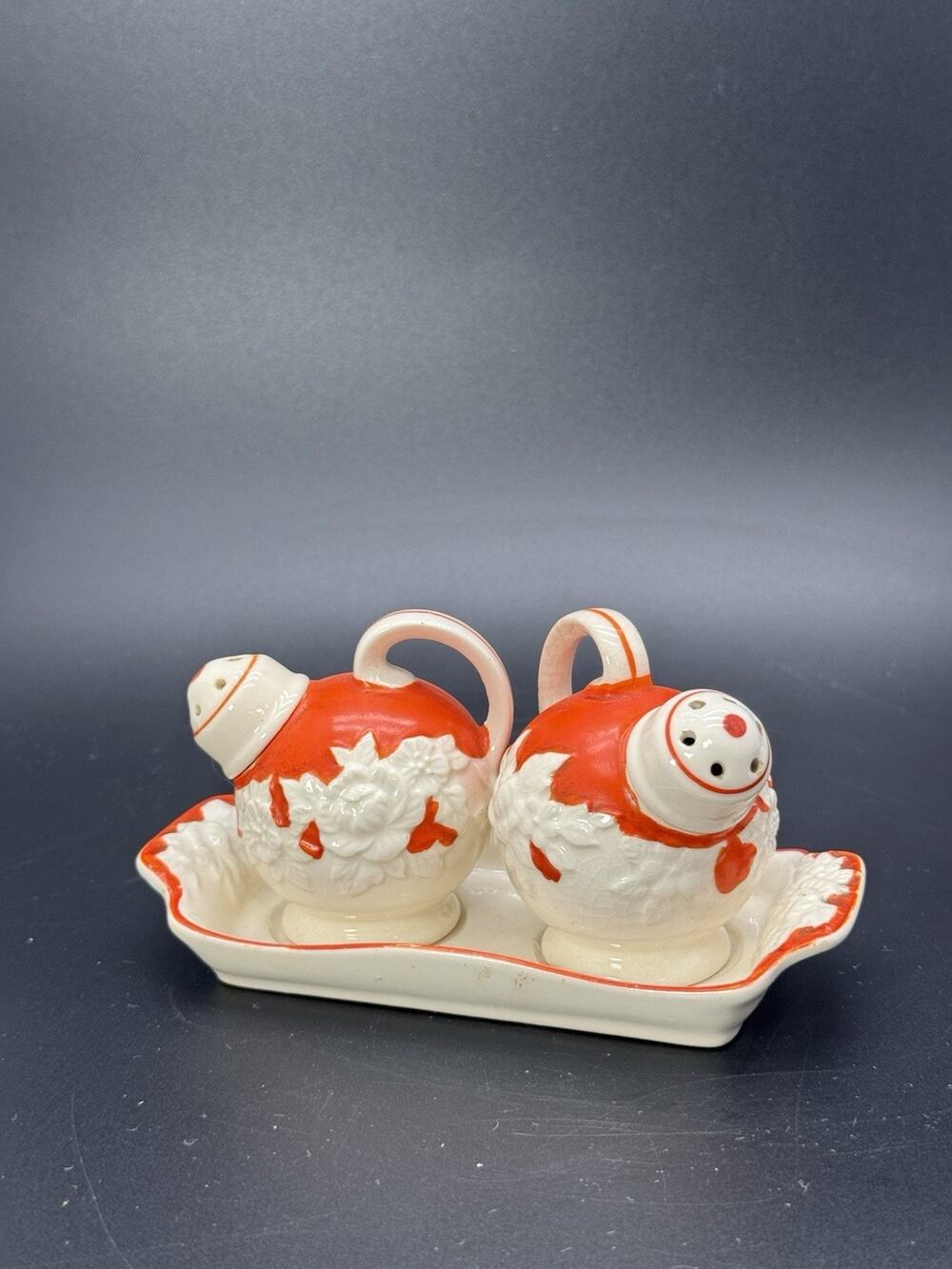 Vintage Orange Japanese Salt And Pepper Shakers Floral Round With Tray